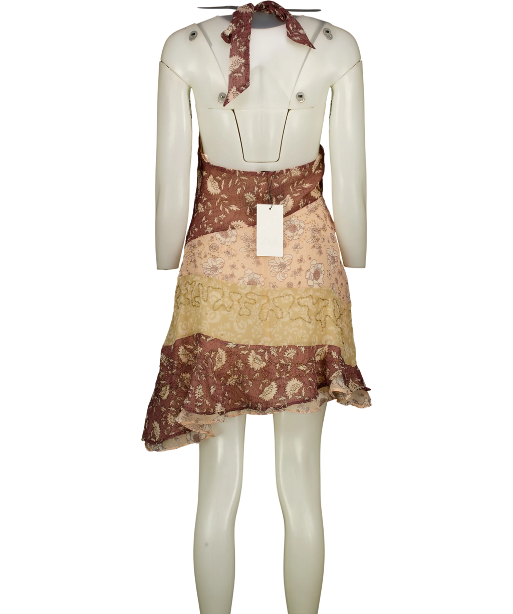 ZARA Brown Beaded Print Halter Dress, size UK XS — back