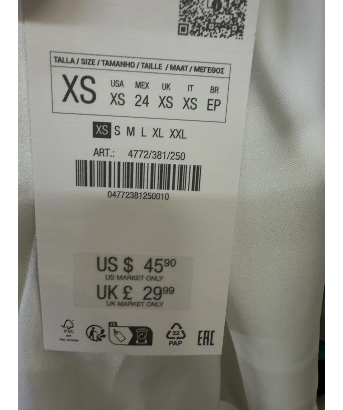ZARA White satin halter mini dress, size UK XS — label