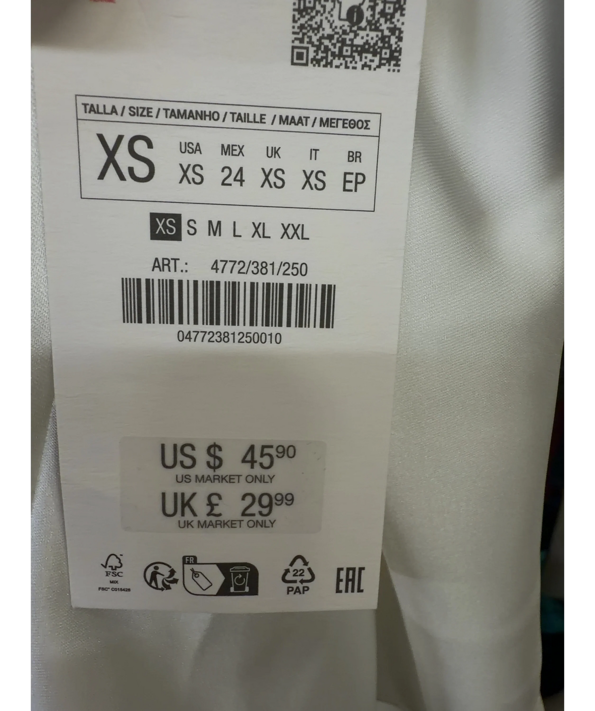 ZARA White satin halter mini dress, size UK XS — care label