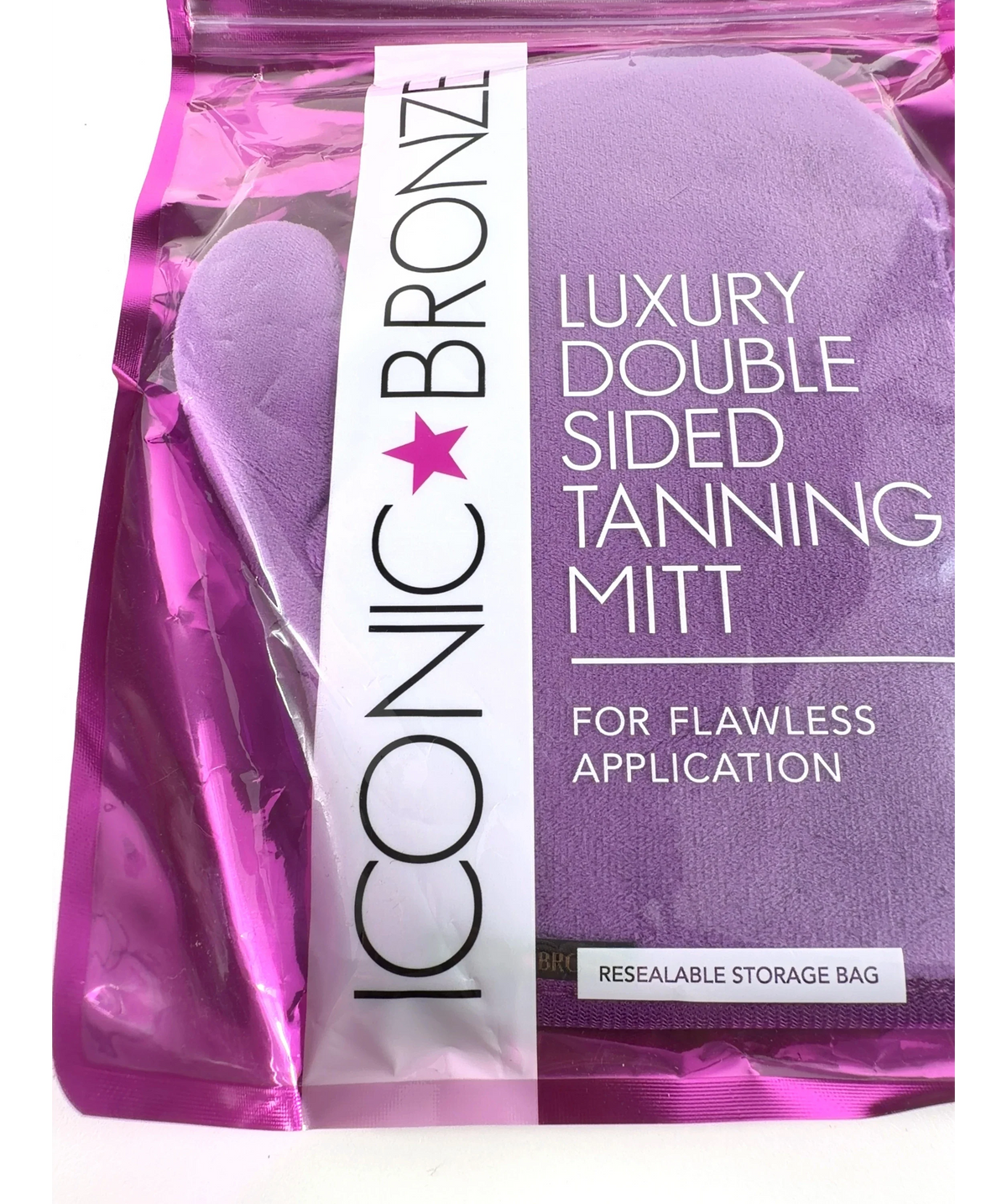 iconic bronze Luxury Double Sided Tanning Mitt — label