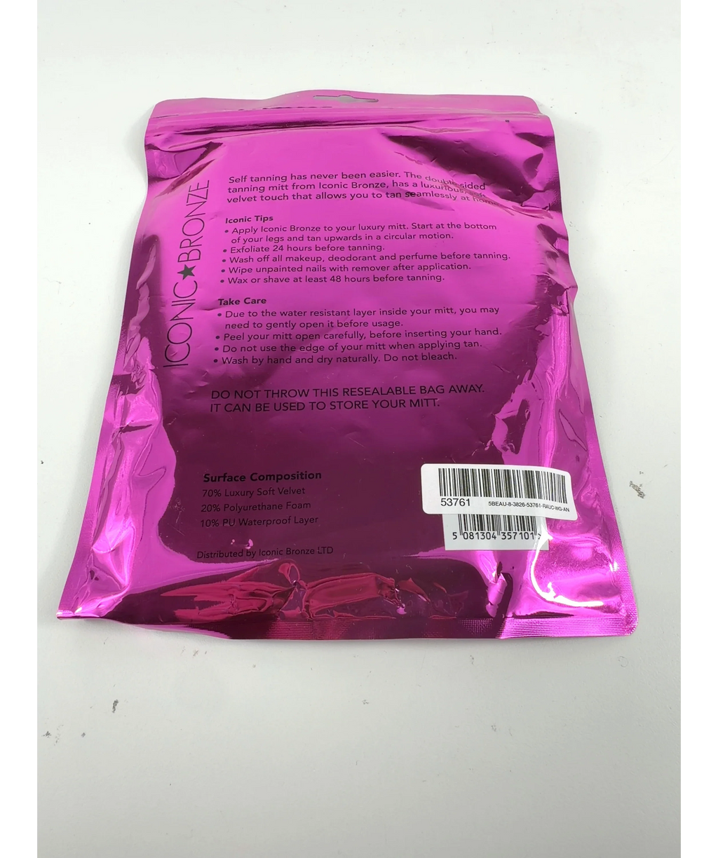iconic bronze Luxury Double Sided Tanning Mitt — care label