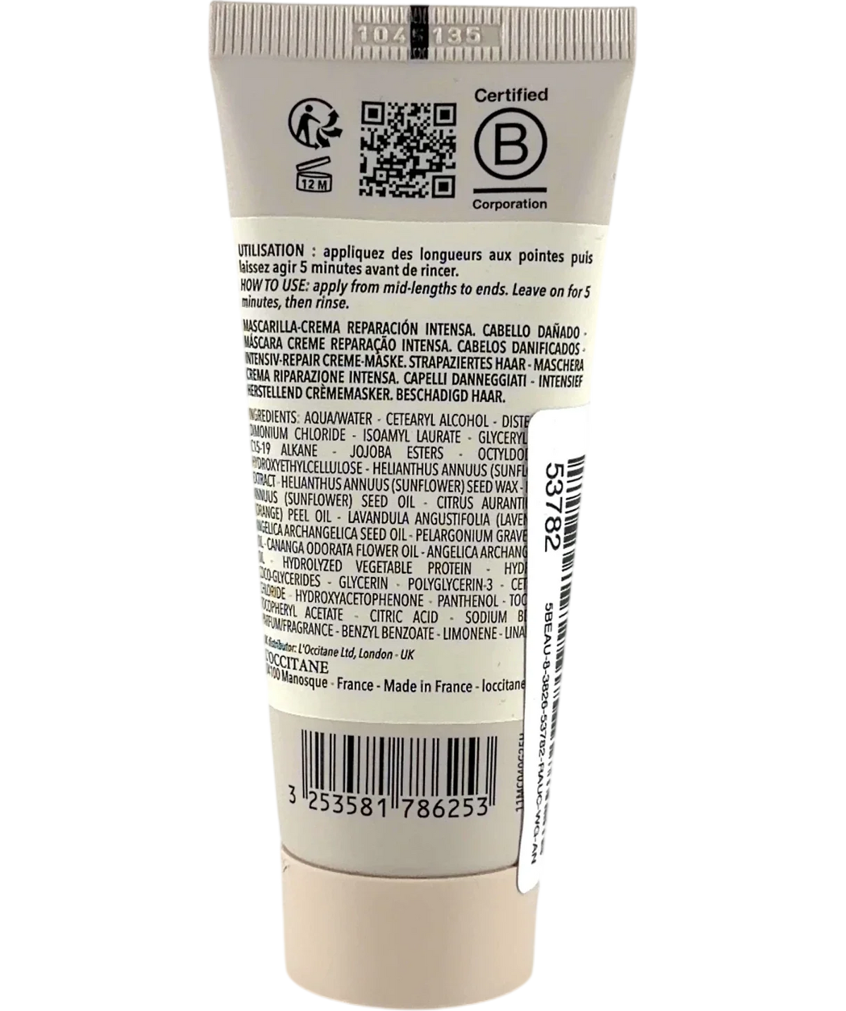 Loccitane Intensive Repair Hair Mask, size 40ml — back