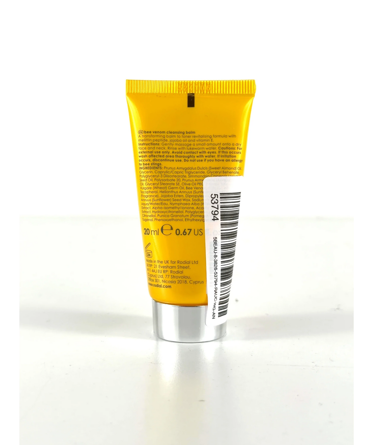 Rodial bee venom cleansing balm, size 20ml — care label