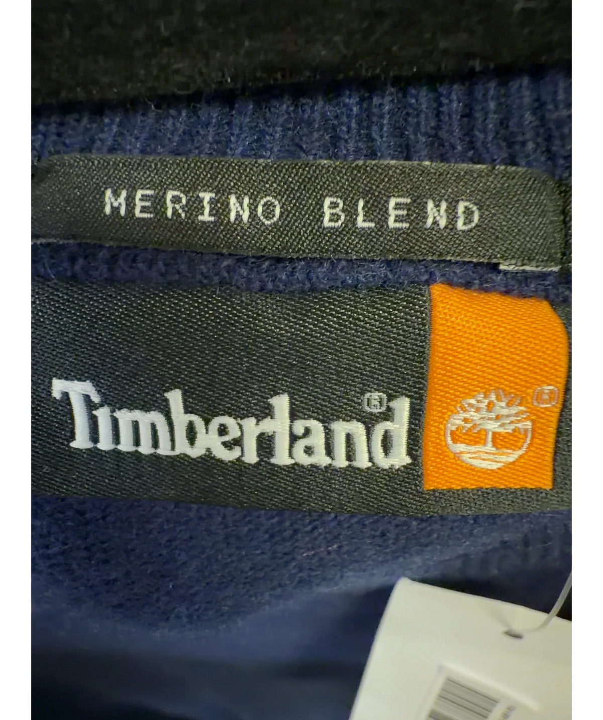 Timberland navy merino blend crewneck sweater, size UK M — label