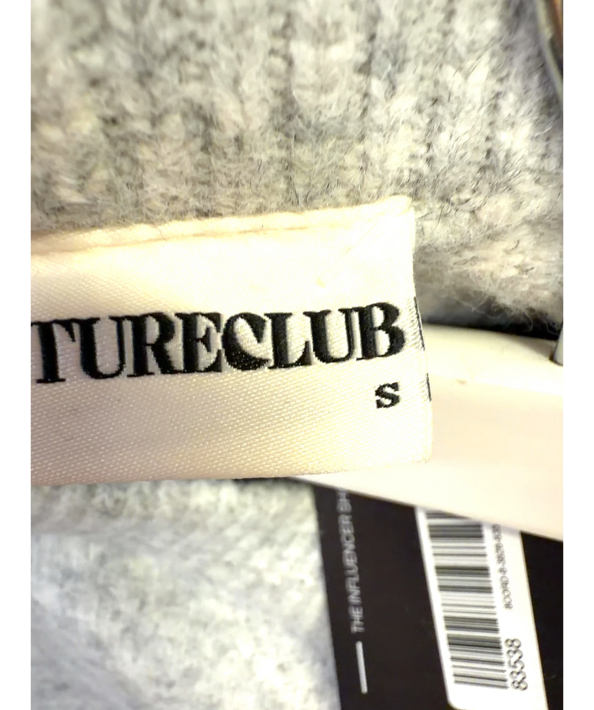 The Couture Club Grey Monogram Fluffy Knit Crew, size UK S — care label