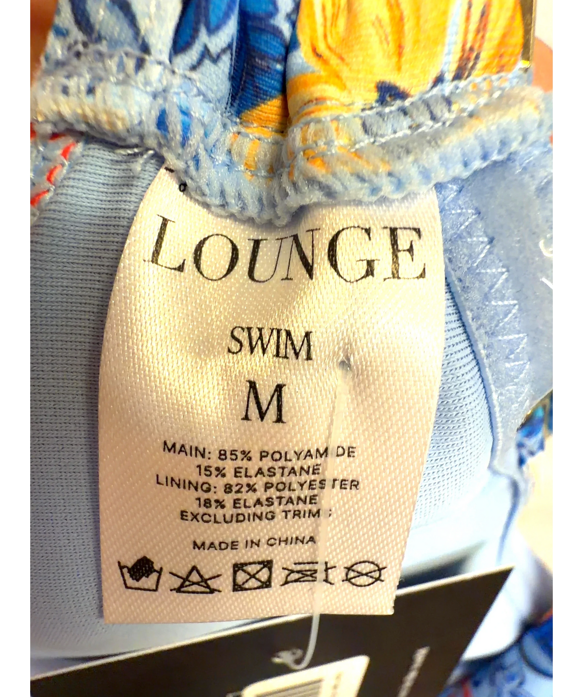 LOUNGE Blue Mosaic Bandeau Swimsuit, size UK M — care label