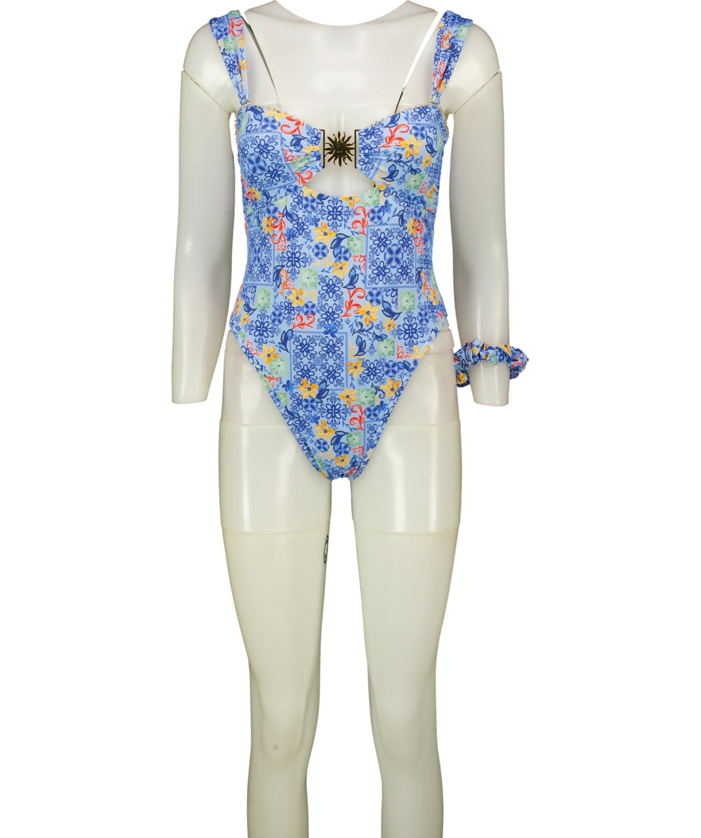 LOUNGE Blue Mosaic Bandeau Swimsuit, size UK M — front