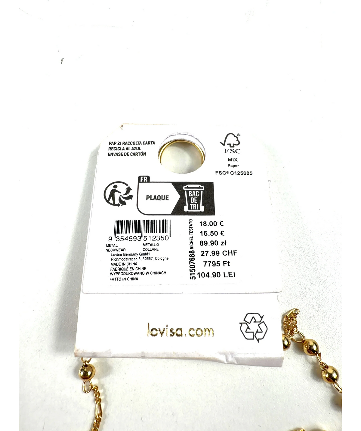 Lovisa gold gold-plated rosary-style long necklace — label