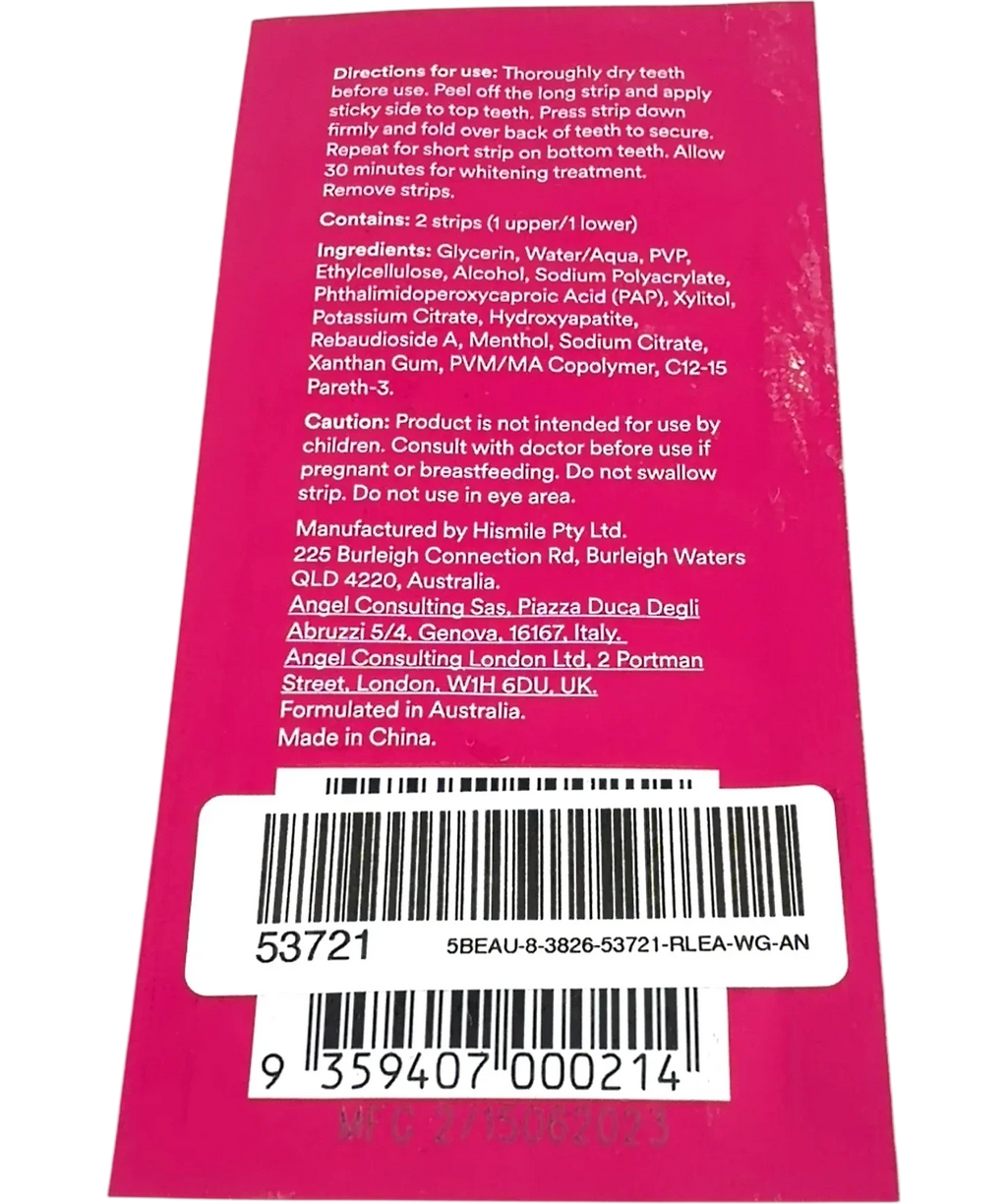 Hismile PAP+ Teeth Whitening Strips single application sachet, size x1 — back