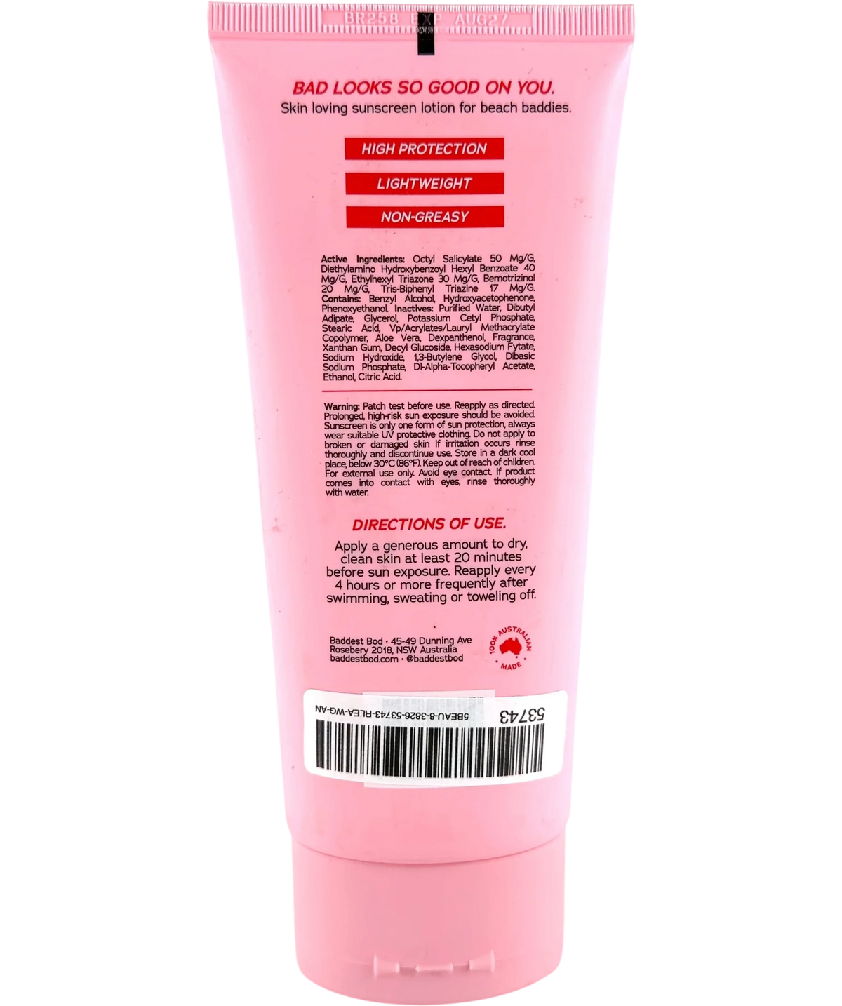 BADDEST Baddie Sunscreen SPF50+, size 150ml — back