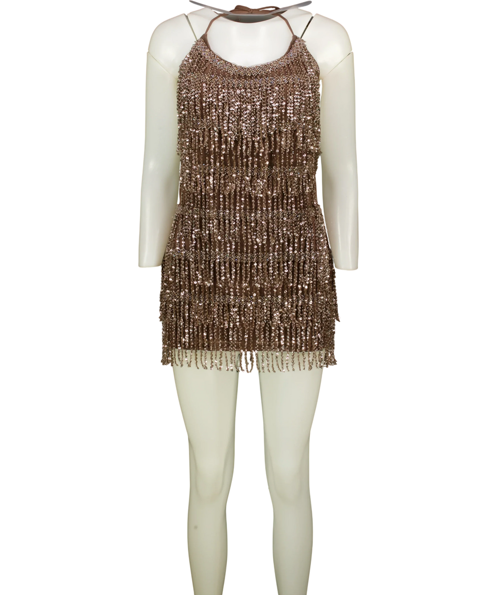 WHITE FOX Brown sequin fringe mini dress, size UK S — front