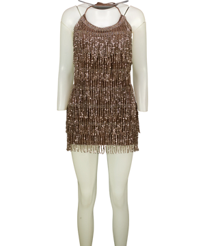 White Fox Sequin Fringe Mini Dress Brown UK S