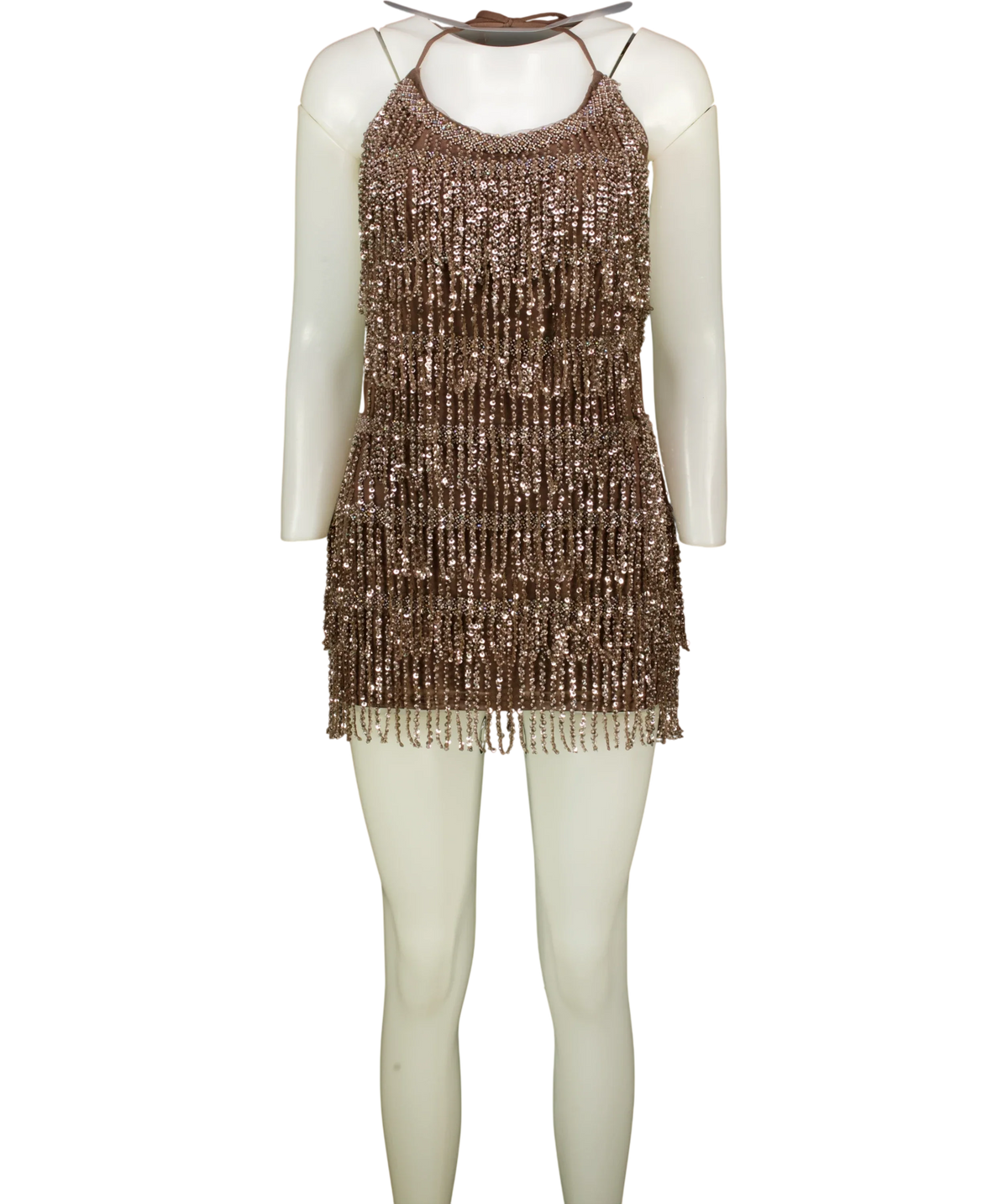 WHITE FOX Brown sequin fringe mini dress, size UK S — front