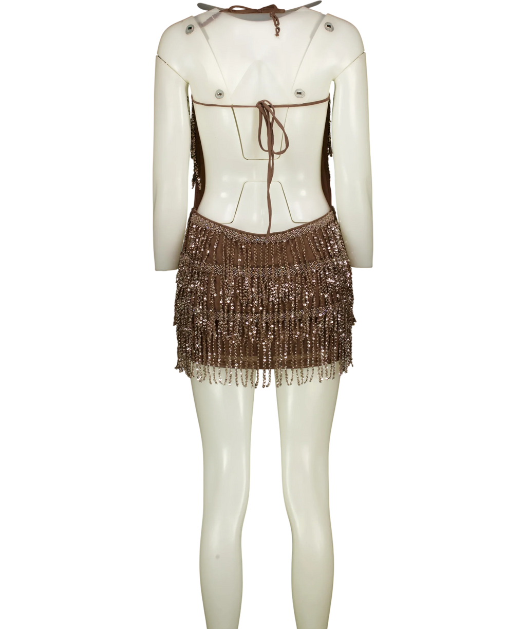 WHITE FOX Brown sequin fringe mini dress, size UK S — back