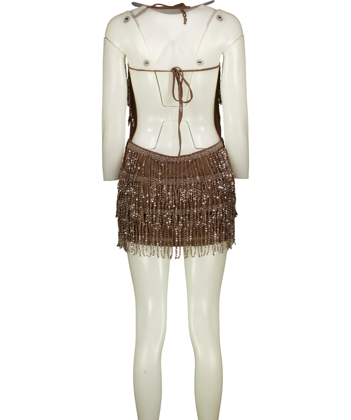 WHITE FOX Brown sequin fringe mini dress, size UK S — back