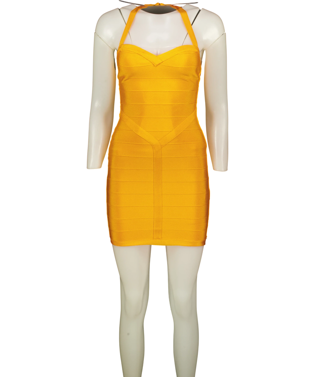 House of CB Yellow The Sculpt Halter-Neck Bandage Mini Dress, size UK S — front