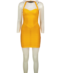 House of CB Yellow The Sculpt Halter-Neck Bandage Mini Dress, size UK S — front