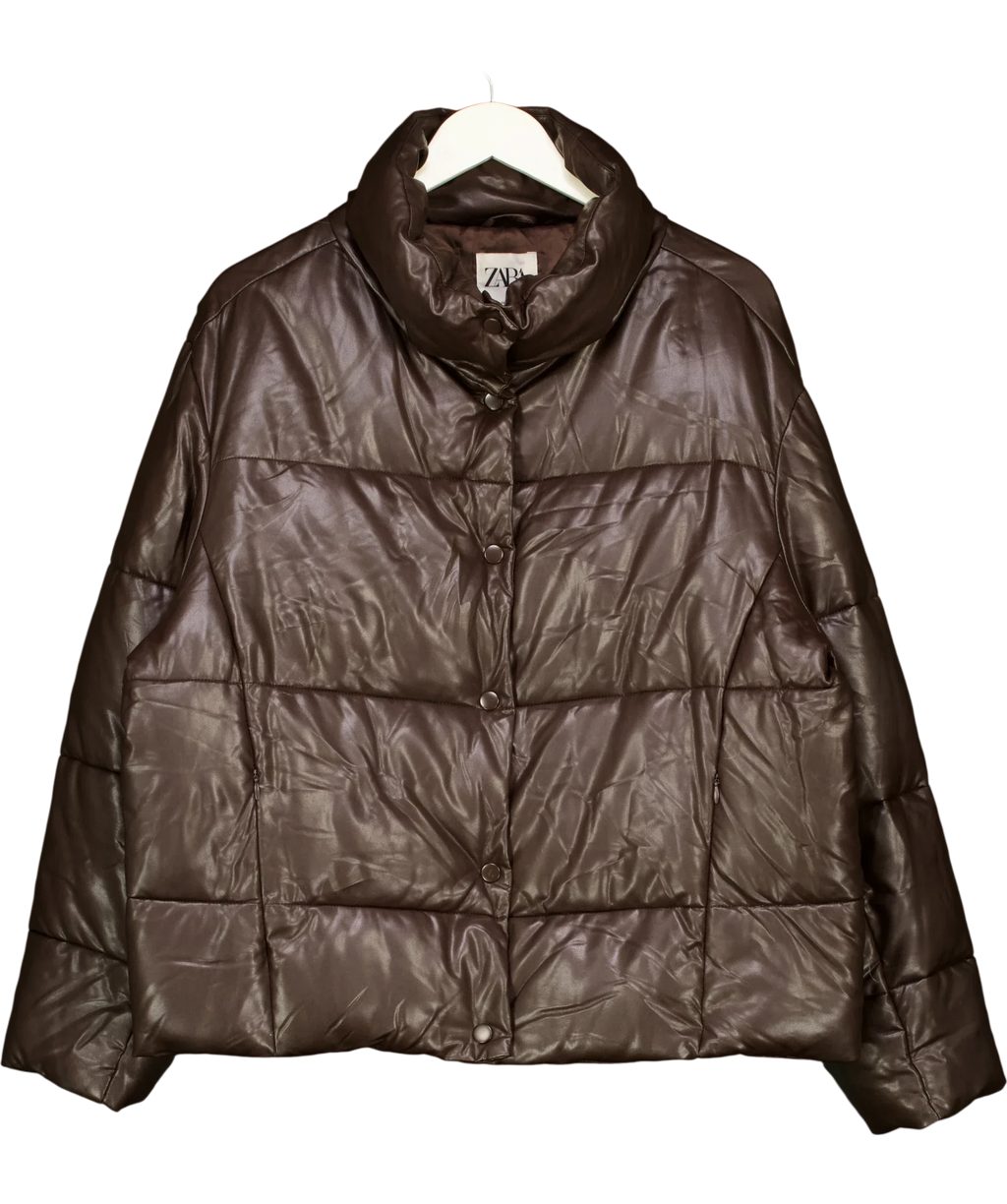 ZARA brown faux-leather puffer jacket, size UK XL — front