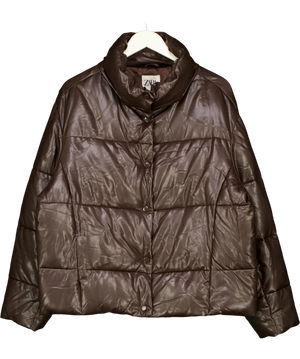 Zara Faux-Leather Puffer Jacket Brown Uk Xl
