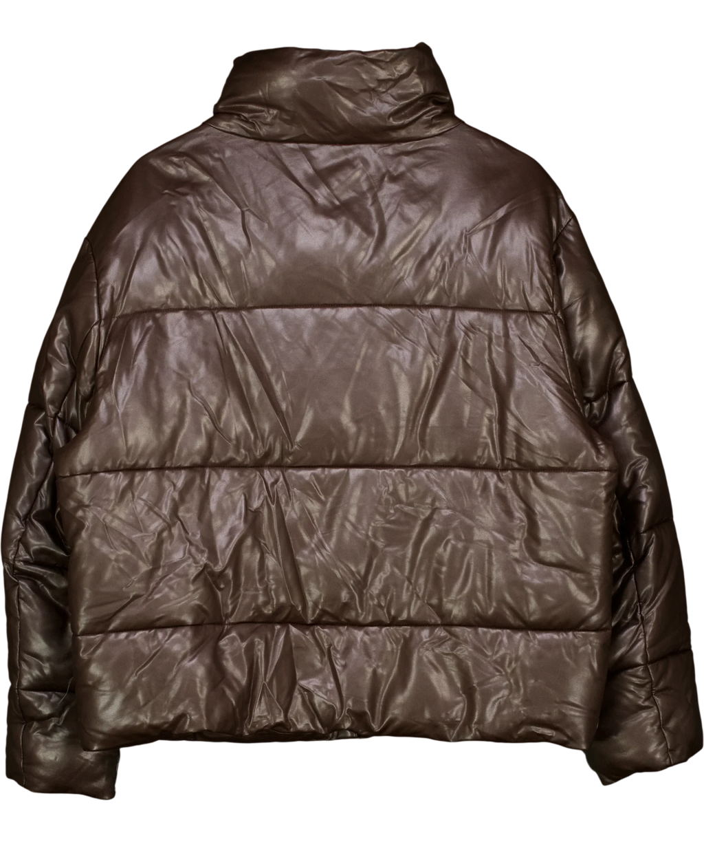 ZARA brown faux-leather puffer jacket, size UK XL — back