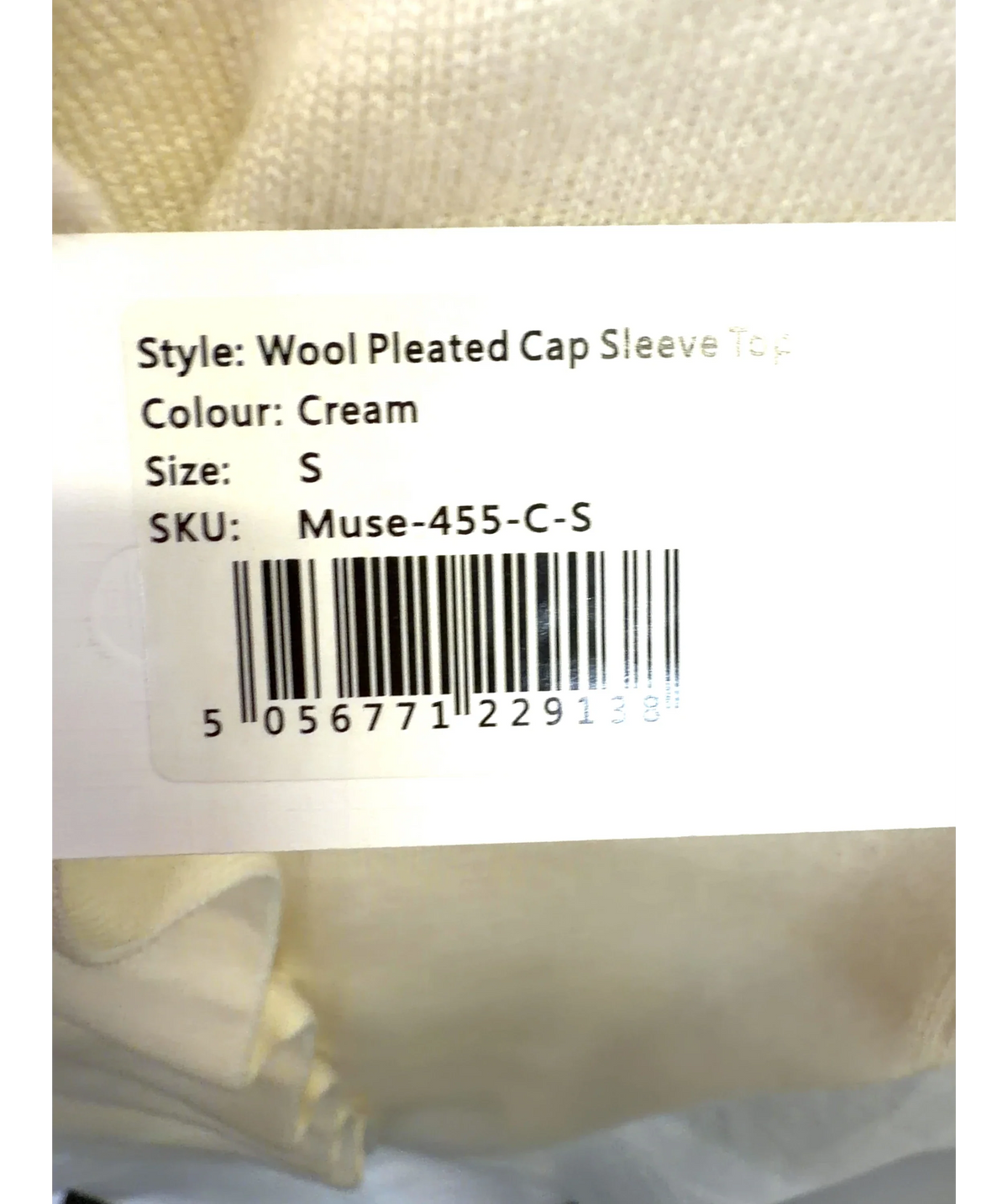ODD MUSE Cream The Wool Pleated Cap Sleeve Top, size UK S — label