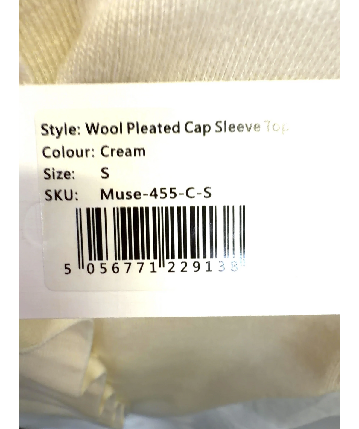 ODD MUSE Cream The Wool Pleated Cap Sleeve Top, size UK S — care label