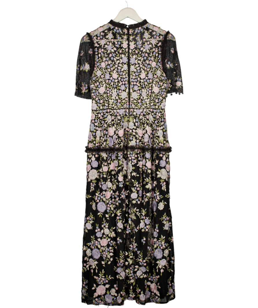 NEEDLE & THREAD Black Embroidered Tulle Rose Dream Ankle Gown Dress UK 14