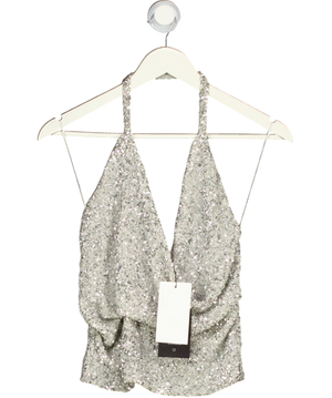 ZARA Metallic Silver Sequin Halter Neck Top UK S