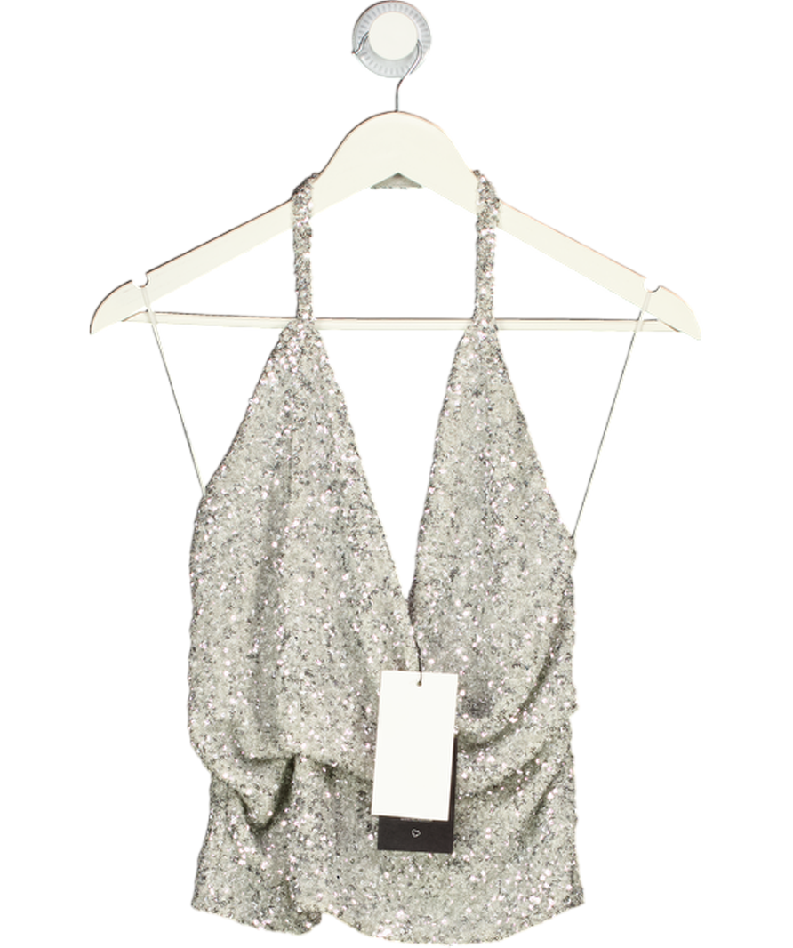 ZARA Metallic Silver Sequin Halter Neck Top UK S