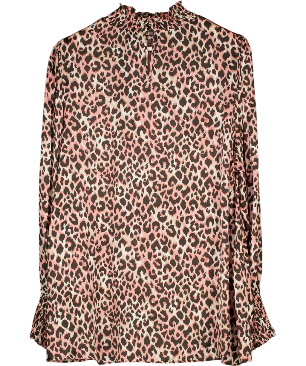 SCAMP & DUDE Pink / Neutral Leopard Shirred High Neck Blouse UK 18