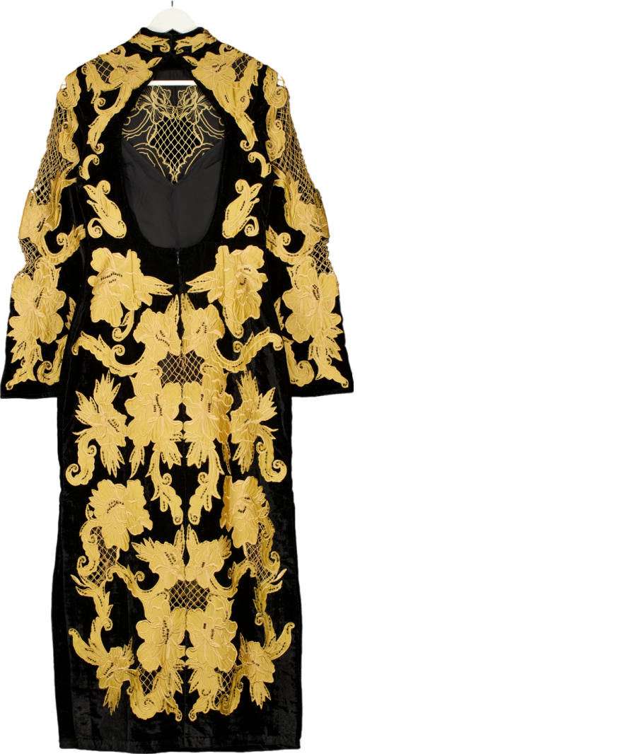 Karen Millen Black Velvet Applique & Beaded Woven Column Midi Dress UK 10