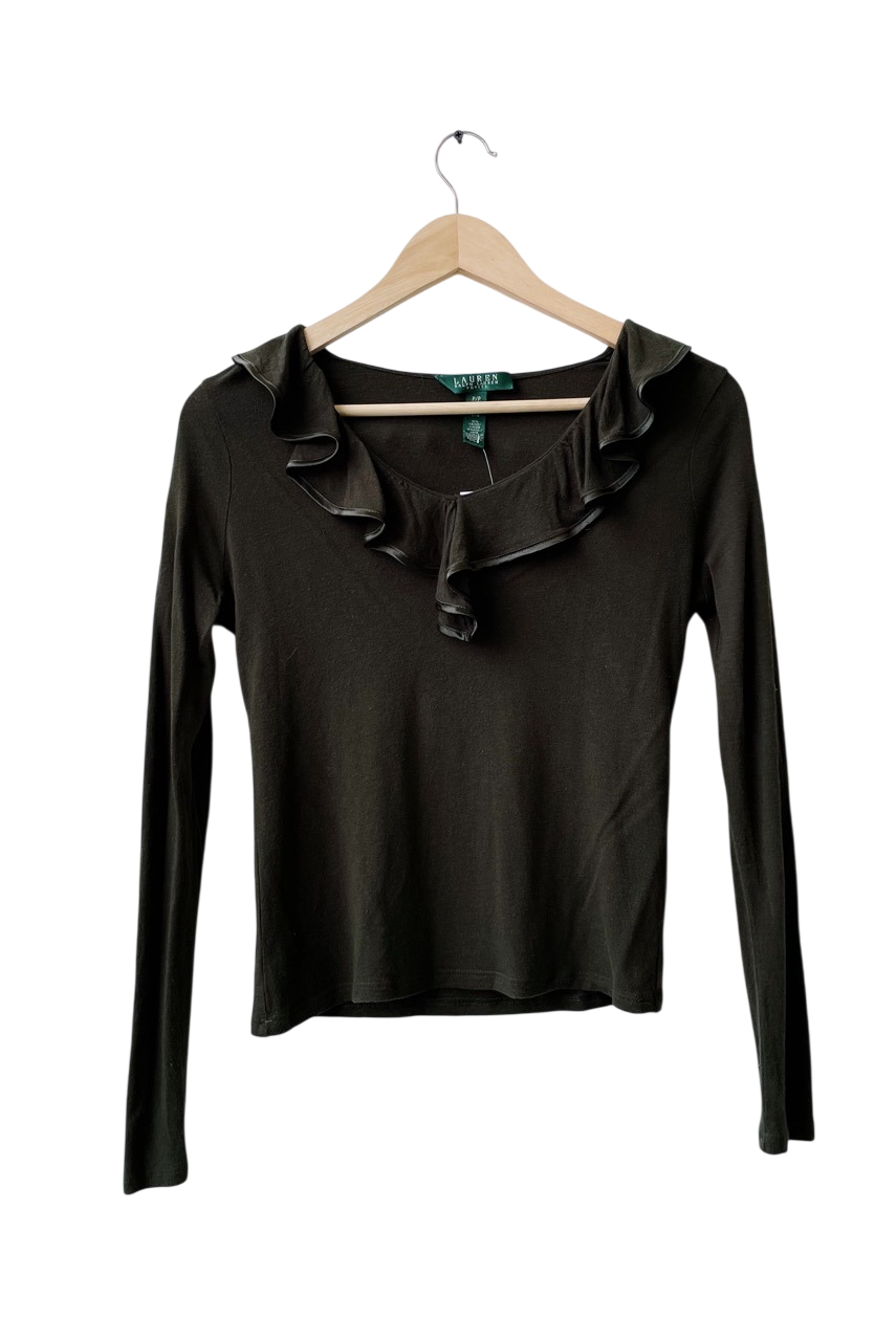 Ralph Lauren Dark Green Long Sleeve jersey Ruffle Neck Top UK 6