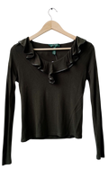 Ralph Lauren Dark Green Long Sleeve jersey Ruffle Neck Top UK 6