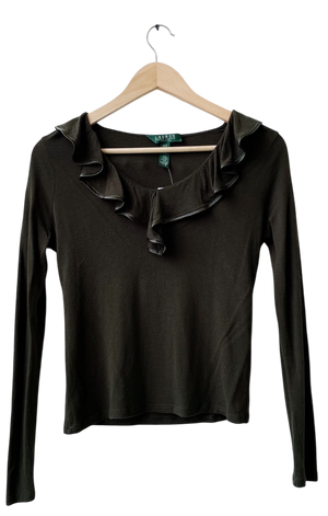 Ralph Lauren Dark Green Long Sleeve jersey Ruffle Neck Top UK 6