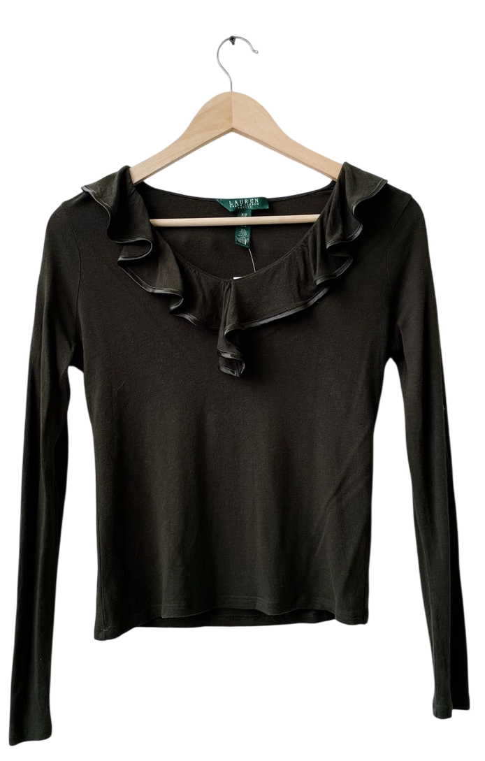 Ralph Lauren Dark Green Long Sleeve jersey Ruffle Neck Top UK 6