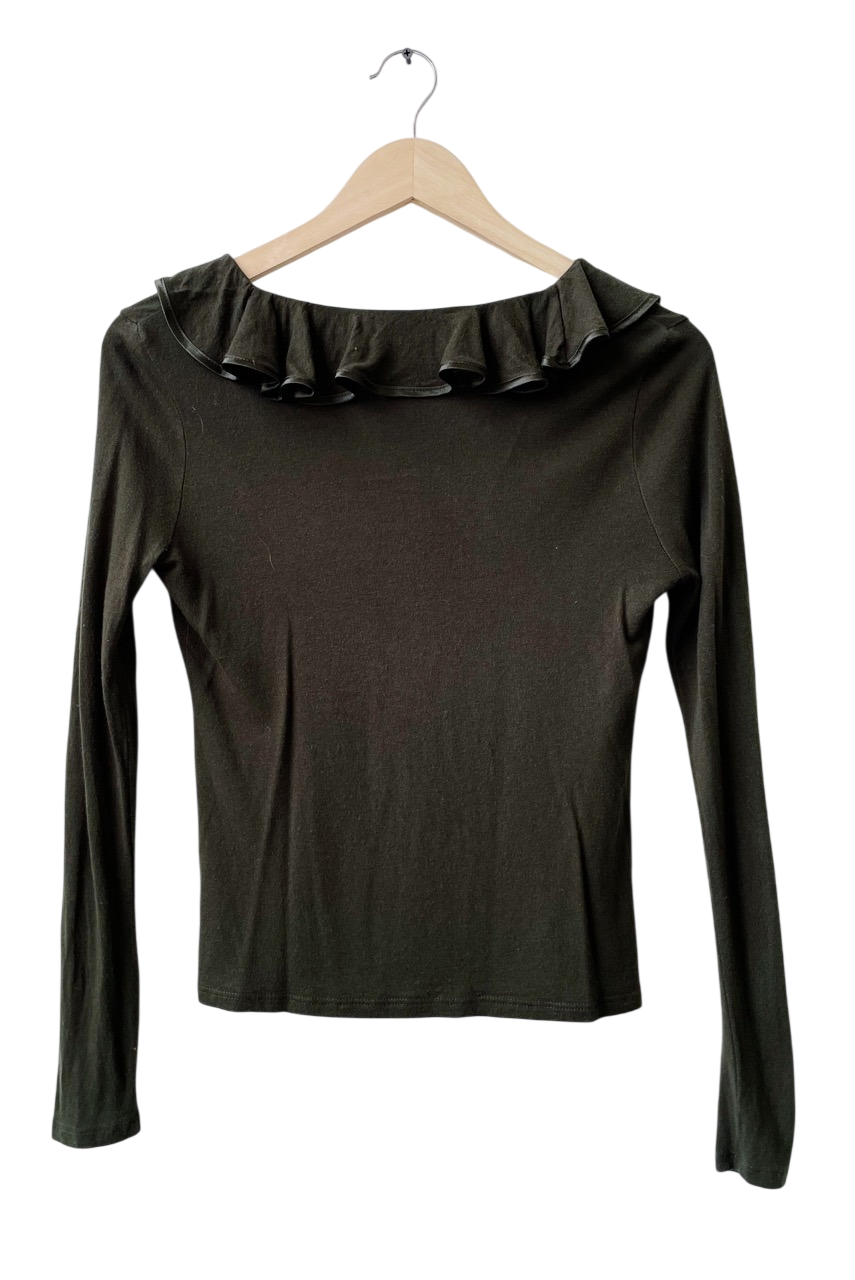 Ralph Lauren Dark Green Long Sleeve jersey Ruffle Neck Top UK 6