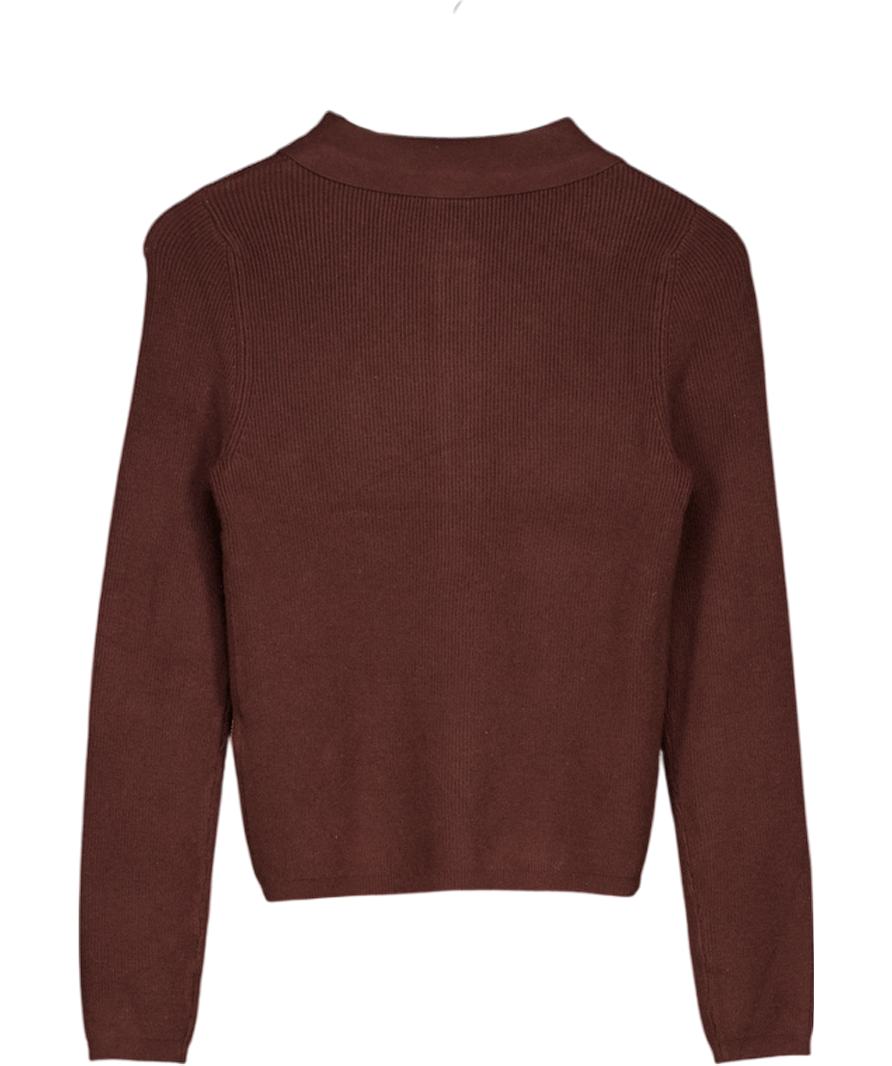 NEW LOOK Brown Knitted Ribbed Polo Top UK 10