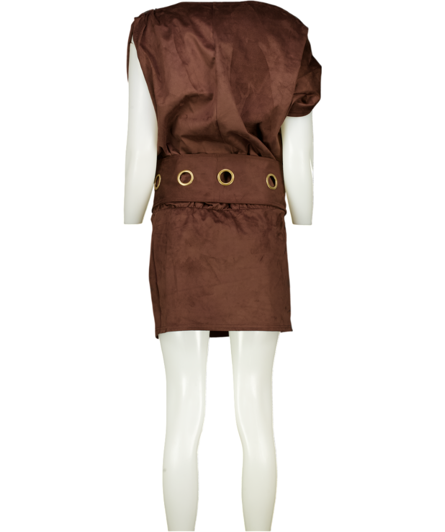 MURCI Suede Off Shoulder Fold Over Top Eyelet Belt Detail Mini Dress In Chocolate Brown UK 12