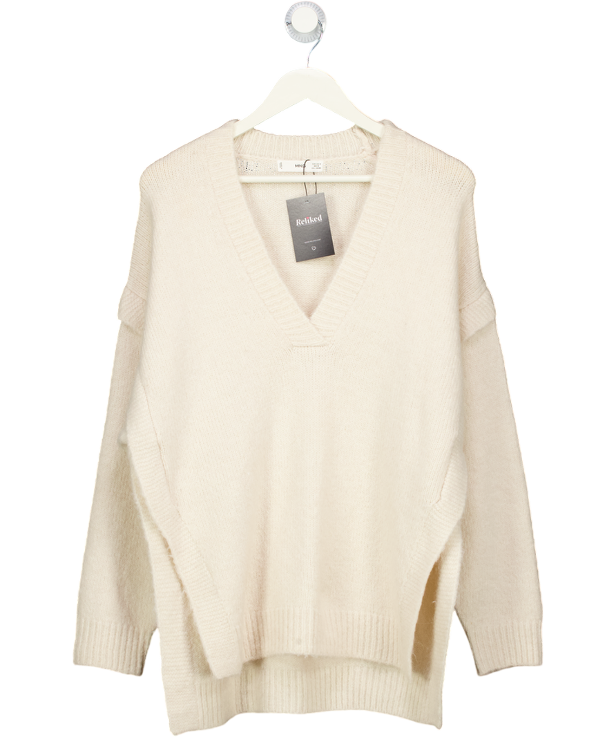 MANGO Cream V-neck Wool Blend Jumper With Side Splits UK M