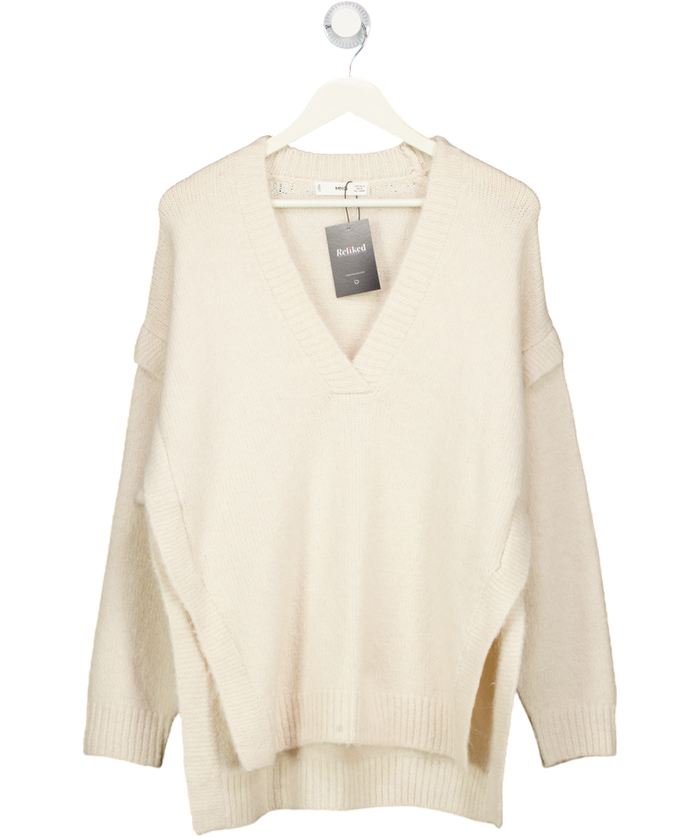 MANGO Cream V-neck Wool Blend Jumper With Side Splits UK M