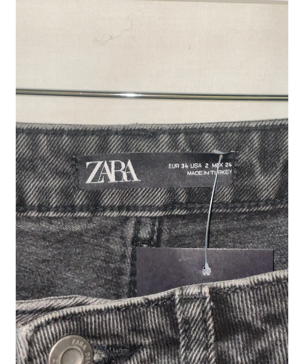 ZARA grey high-rise pleated relaxed/barrel jeans, size UK 6 — detail