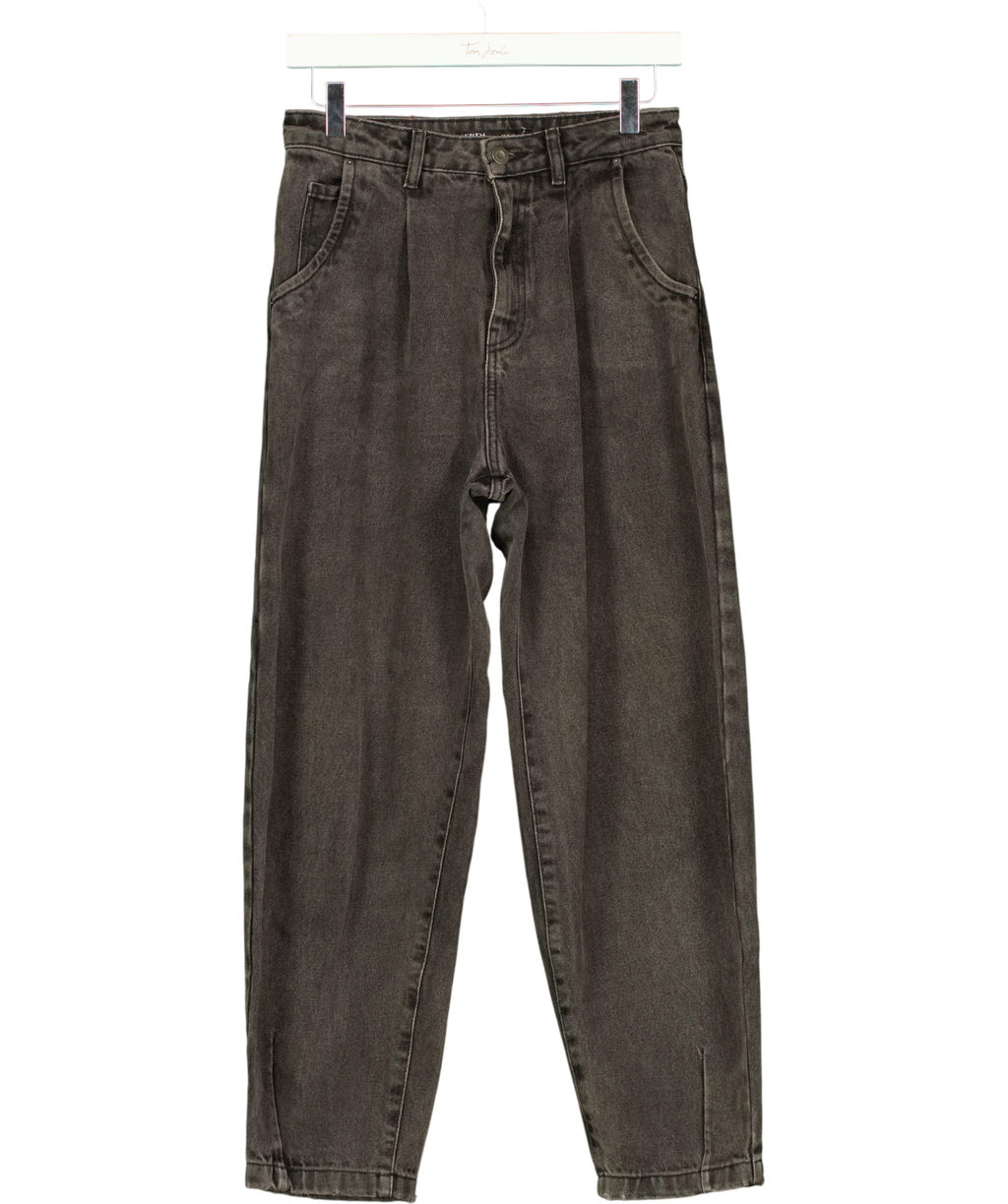 ZARA grey high-rise pleated relaxed/barrel jeans, size UK 6 — front