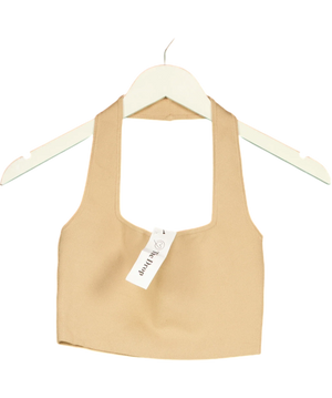 The Drop Beige Ribbed Halter Crop Top UK S