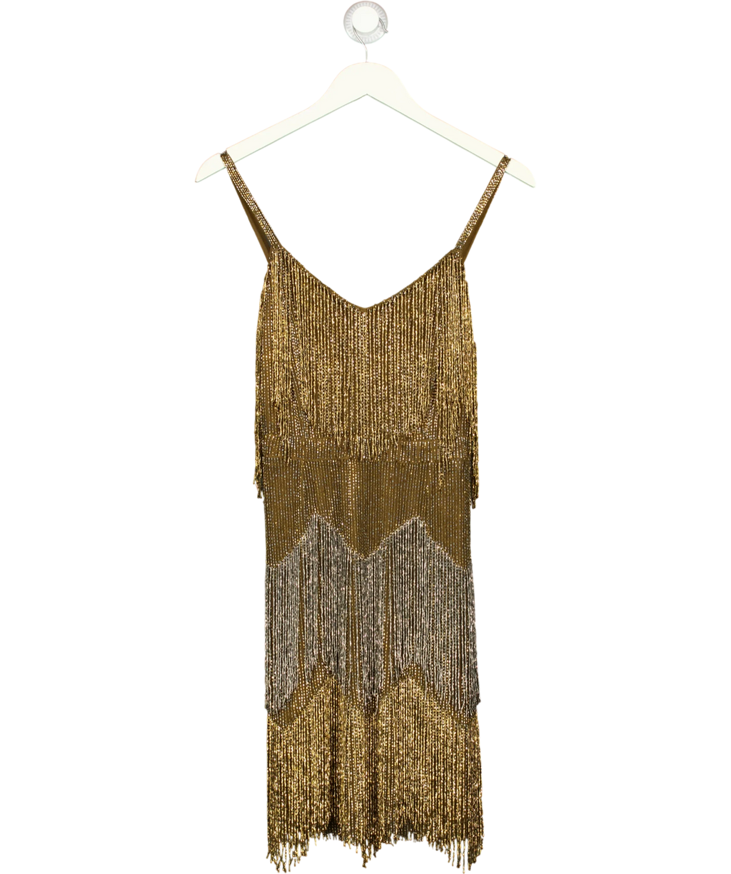 KAREN MILLEN gold beaded fringe camisole/slip dress, size UK 10 — front