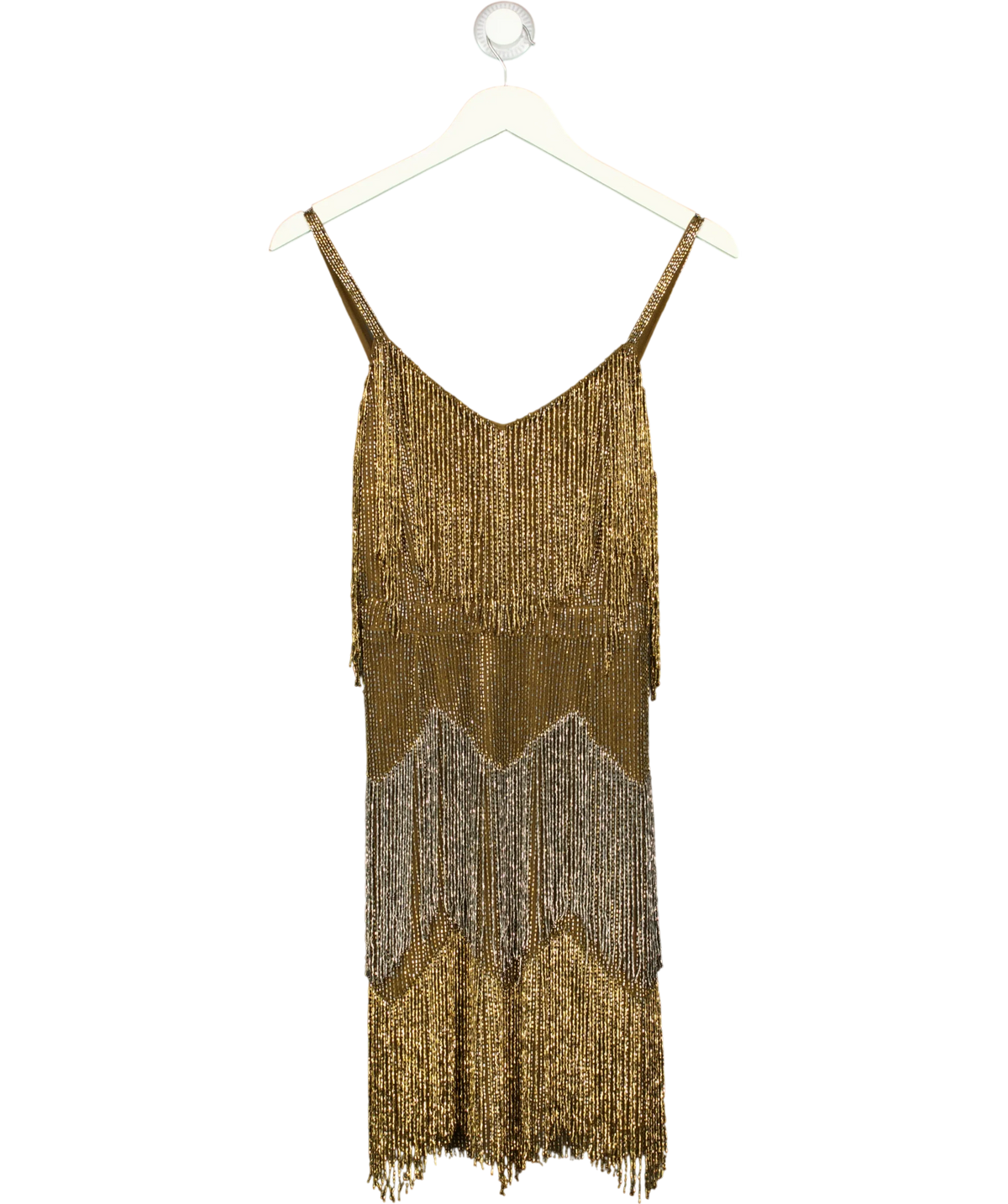 KAREN MILLEN gold beaded fringe camisole/slip dress, size UK 10 — front