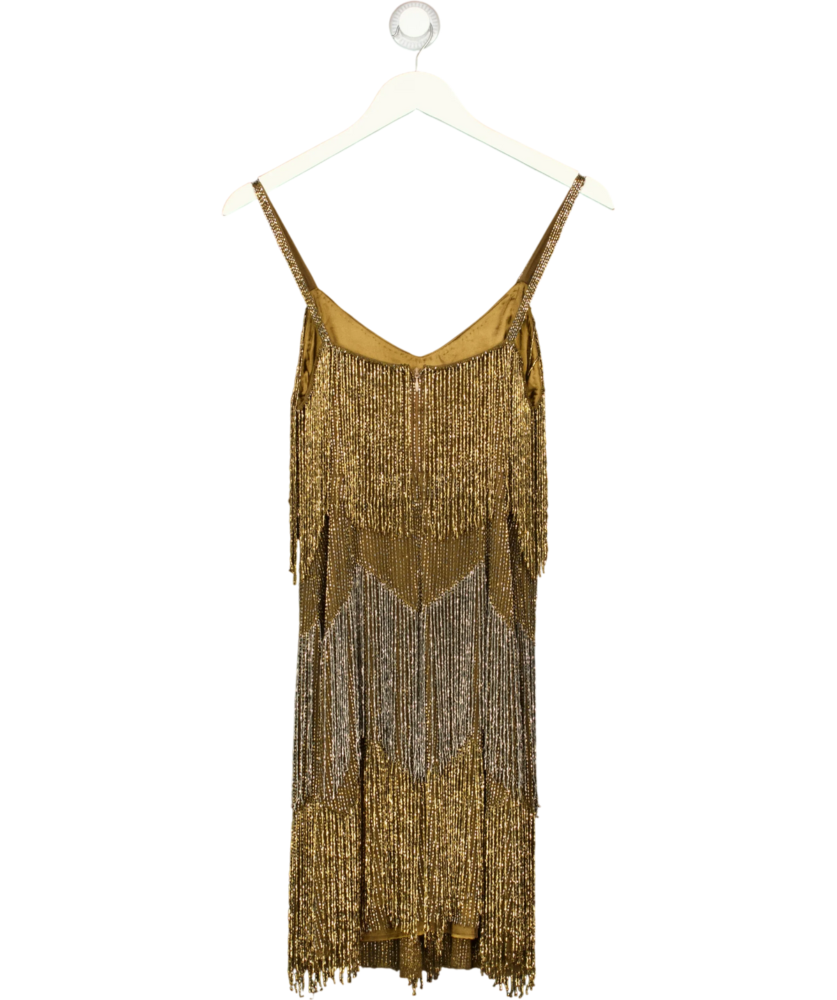 KAREN MILLEN gold beaded fringe camisole/slip dress, size UK 10 — back