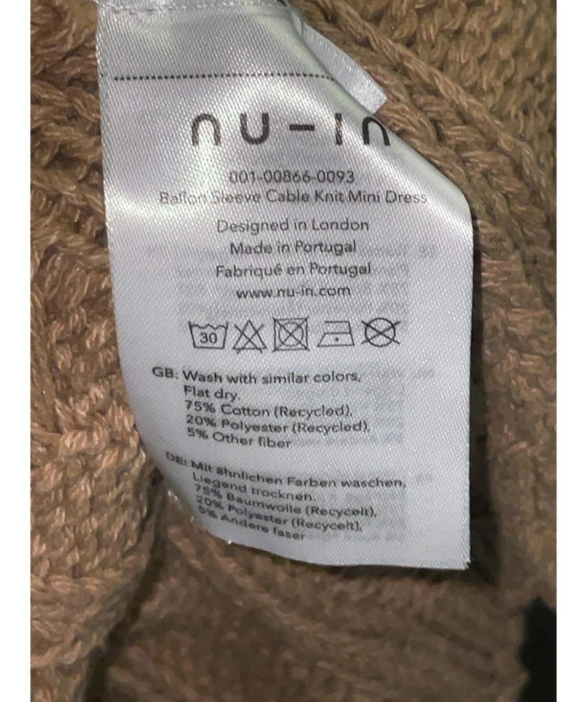 nu-in camel Balloon Sleeve Cable Knit Mini Dress, size UK S — label