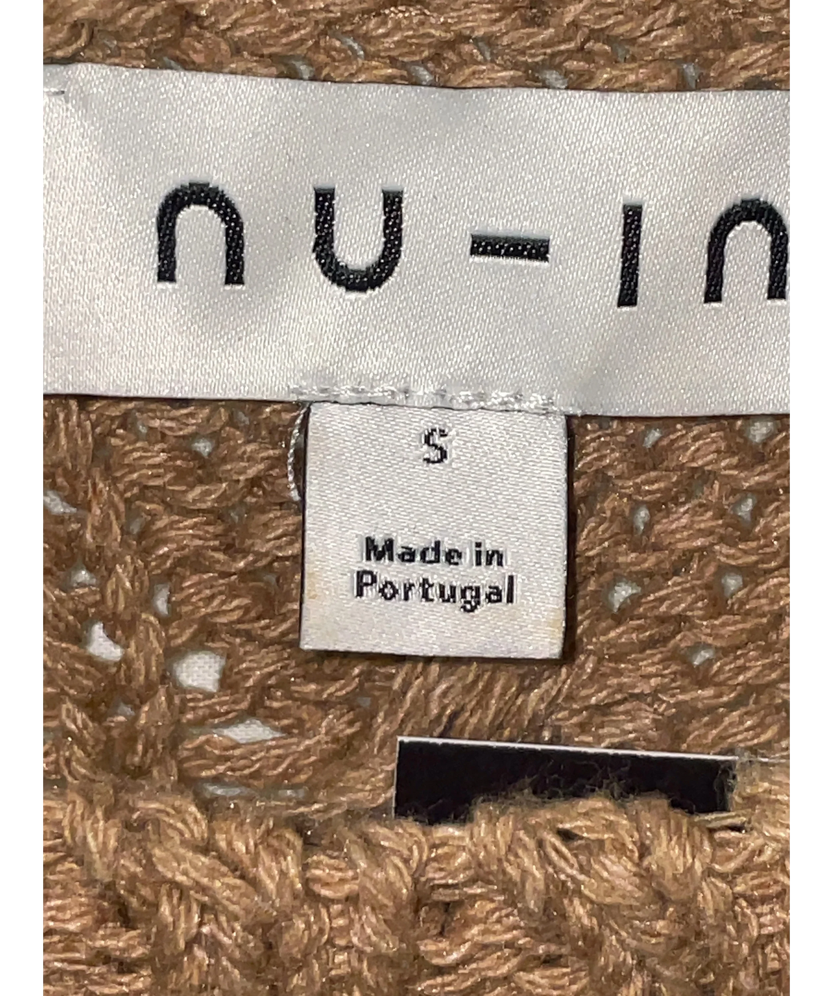 nu-in camel Balloon Sleeve Cable Knit Mini Dress, size UK S — care label