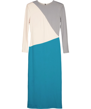 Panambi Colorblock Tricolor Long Sleeve Midi Dress Cream Grey Teal UK 8