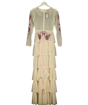 Lace & Beads Cream Floral Embroidery Maxi Dress UK S